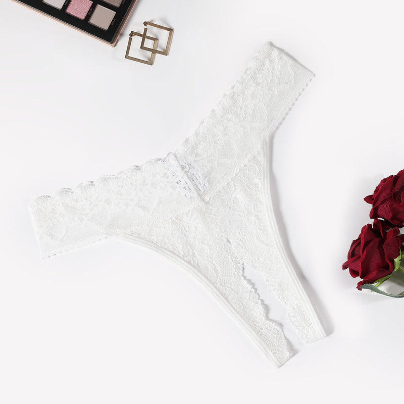 White lace low-rise T-back hipster thong, perfect for many occasions, with makeup and roses