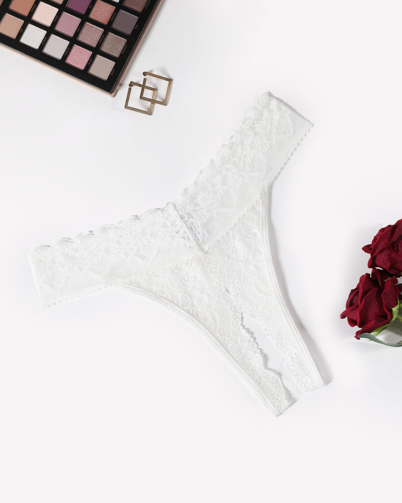 Low rise t-back lace thong, white lace with scalloped waistband