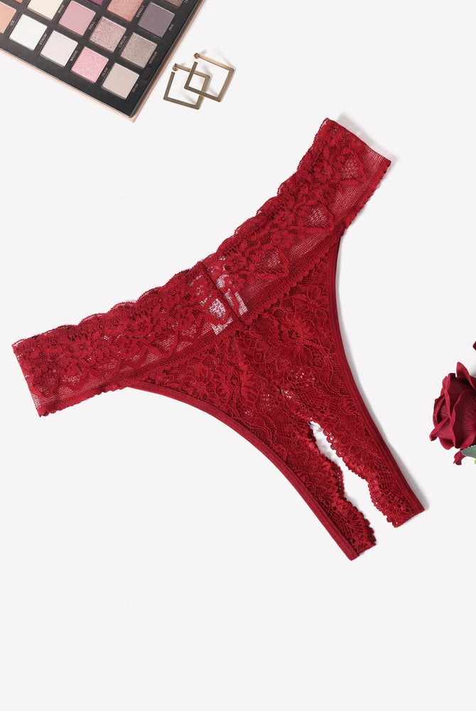 Red lace low rise T-back hipster thong with cut-out detail, perfect for many occasions