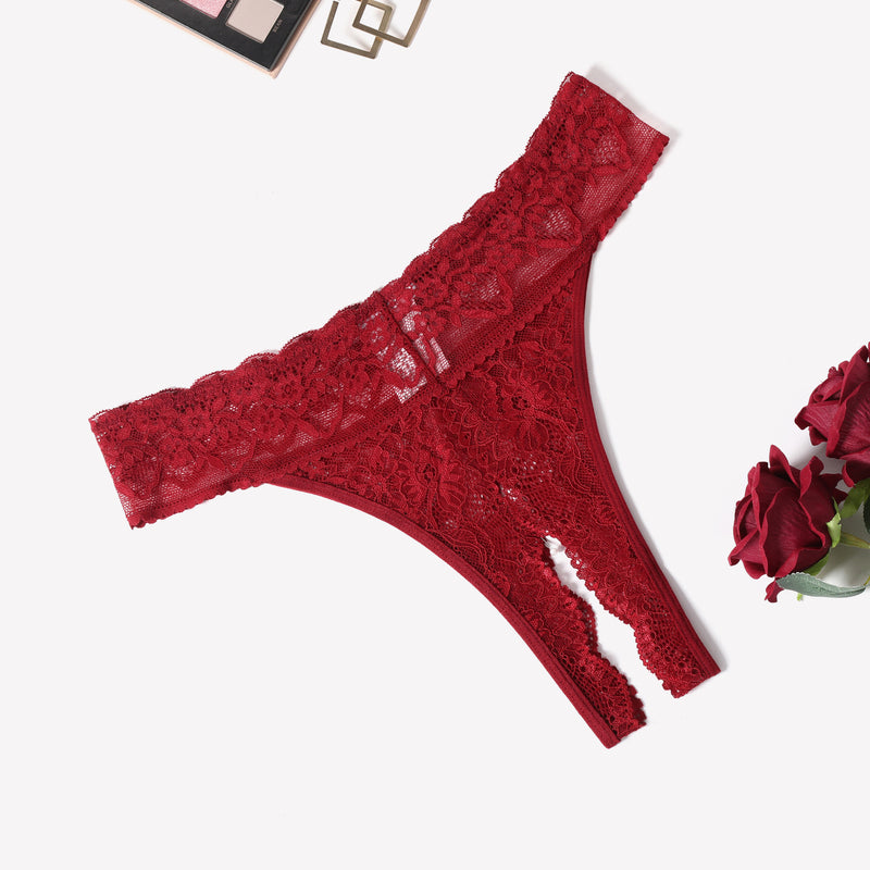 Red lace low rise T-back hipster thong with cut-out detail, perfect for many occasions