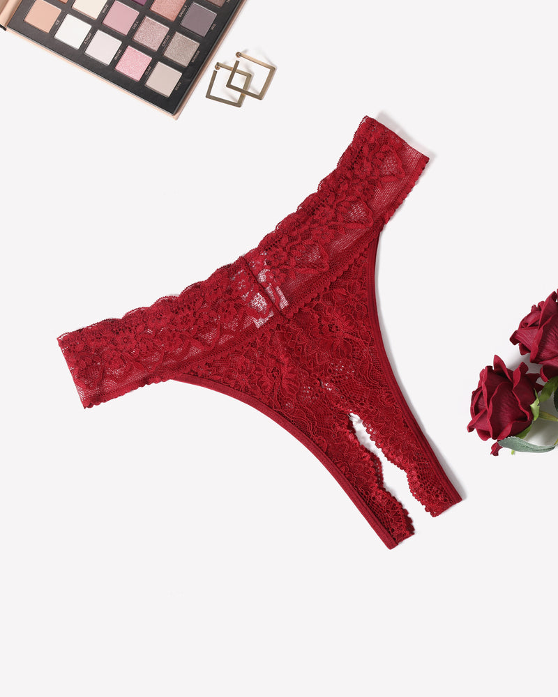 Low rise t-back lace thong, wine red with scalloped lace trim