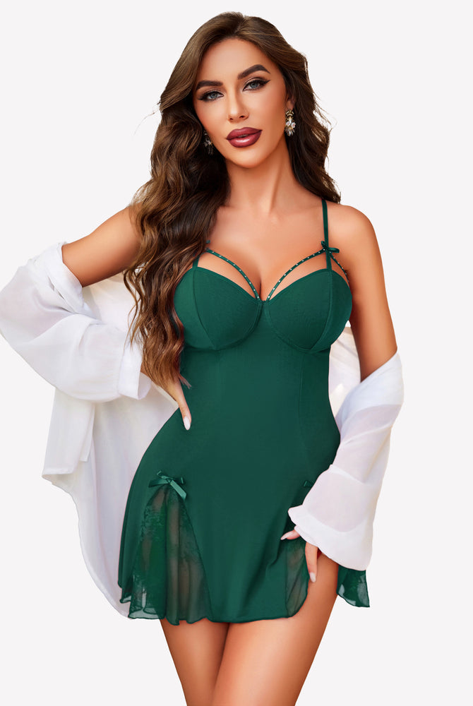 Green lace modal full slip nightdress with bow details and sheer lace trim, sexy lingerie