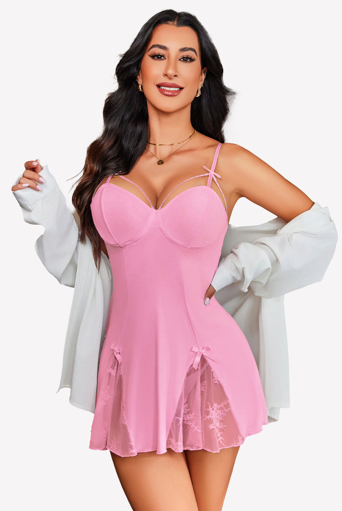 Pink lace modal full slip nightdress with bow details and sheer lace trim, sexy lingerie
