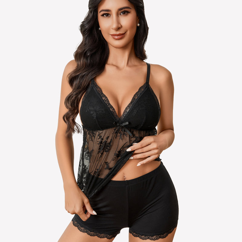 Black lace cami pajama set with shorts, adjustable straps, and bow decor for sexy sleepwear