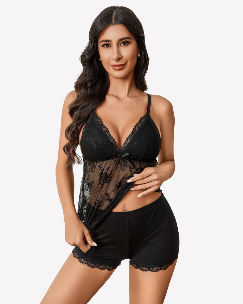 Black lace cami pajama set with shorts, adjustable straps, and bow decor for sexy sleepwear