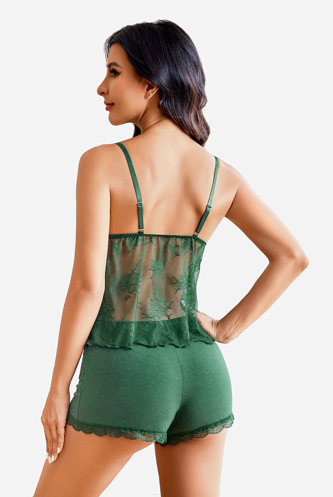 Green lace cami pajama set with shorts, adjustable straps, and backless design for sexy sleepwear