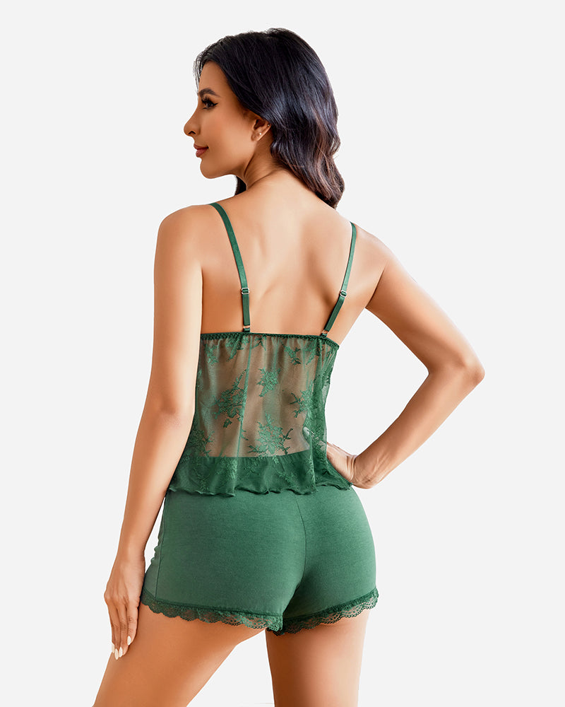 Green lace cami pajama set with shorts, adjustable straps, and backless design for sexy sleepwear