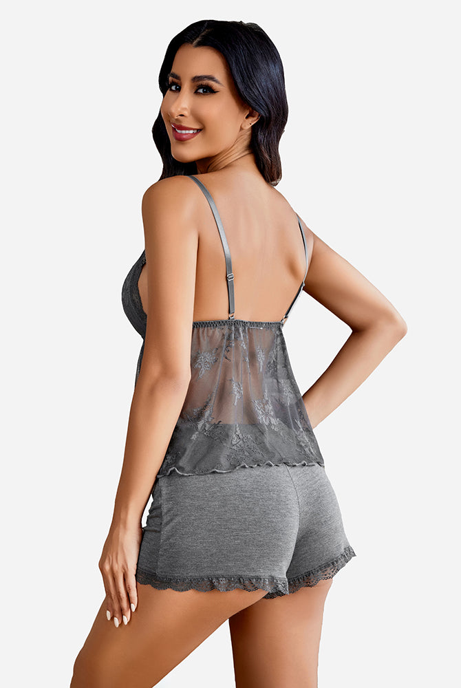 Gray lace cami pajama set with adjustable straps and shorts for sexy sleepwear
