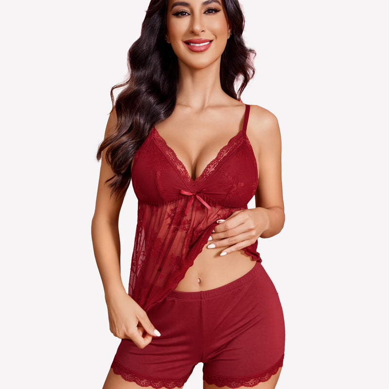 Burgundy lace cami pajama set with bow detail and shorts, sexy sleepwear