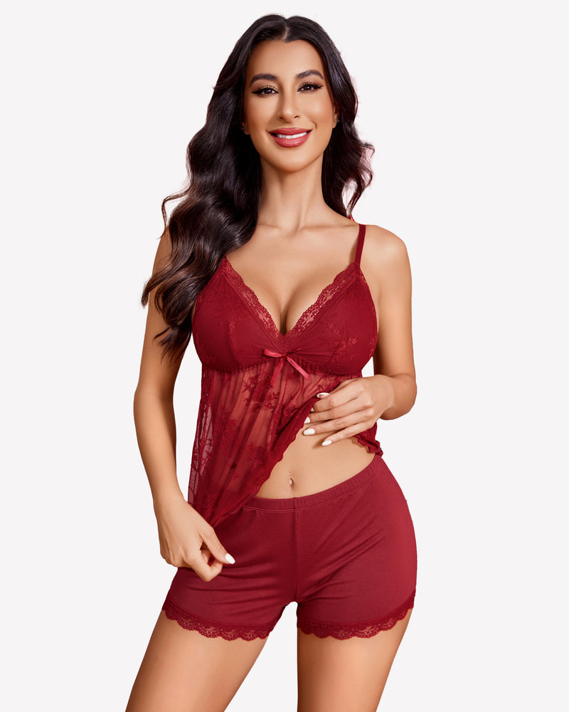 Burgundy lace cami pajama set with bow detail and shorts, sexy sleepwear
