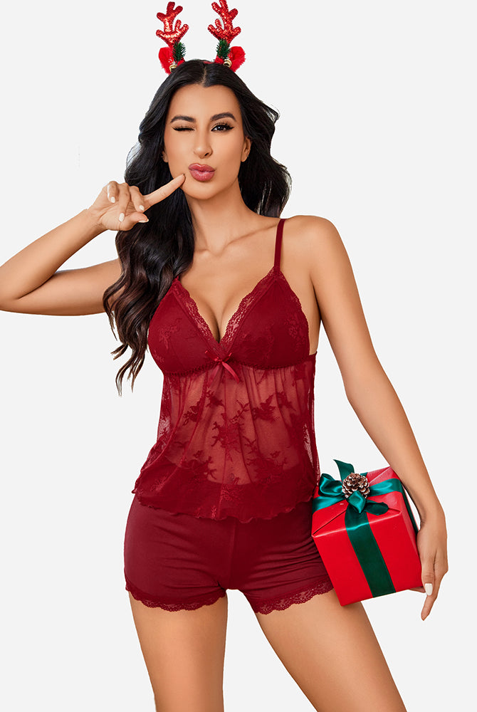 Burgundy lace cami pajama set with shorts, bow detail, and Christmas antler headband, sexy sleepwear