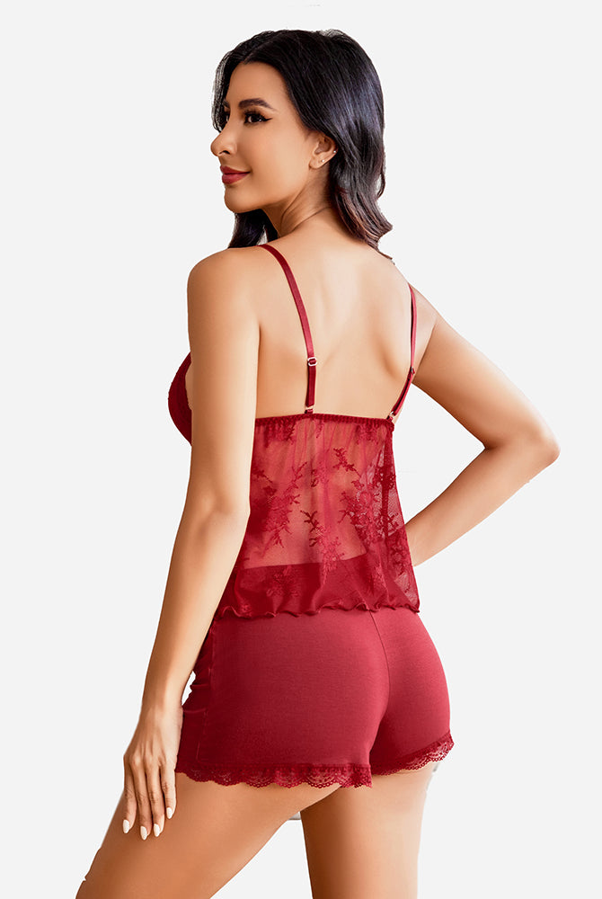 Burgundy lace cami pajama set with adjustable straps and shorts for sexy sleepwear
