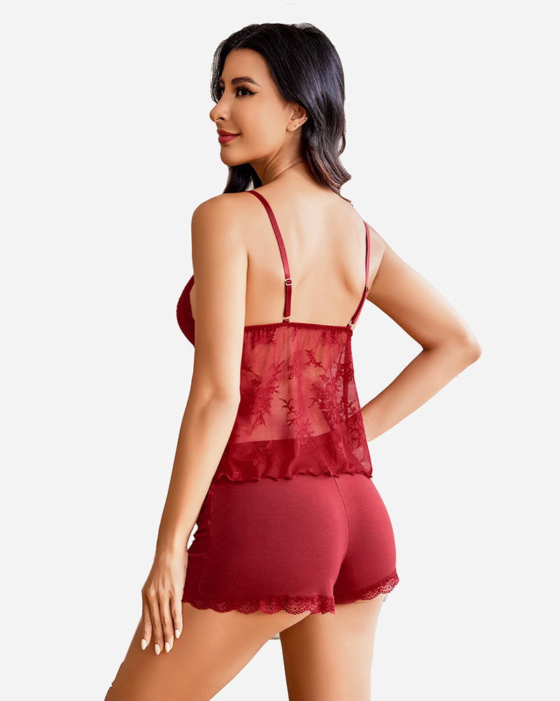 Burgundy lace cami pajama set with adjustable straps and shorts for sexy sleepwear