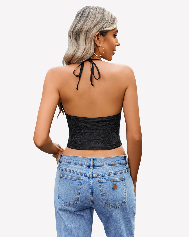 Black lace halter crop top with adjustable straps and jeans. Y2k style lingerie.