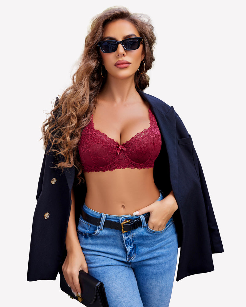 Burgundy lace bra and panty set on a woman, sexy lingerie for women, adjustable straps