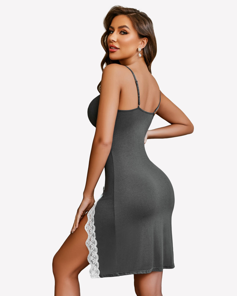 Gray side slit nightgown with white lace trim, showing sexy leg curve, soft material.