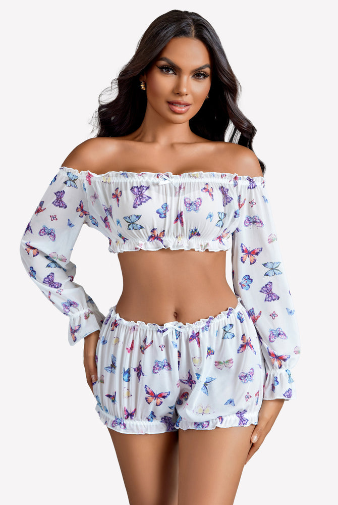White butterfly print off-shoulder ruffle bra and panty set with long sleeves and ruffle trim