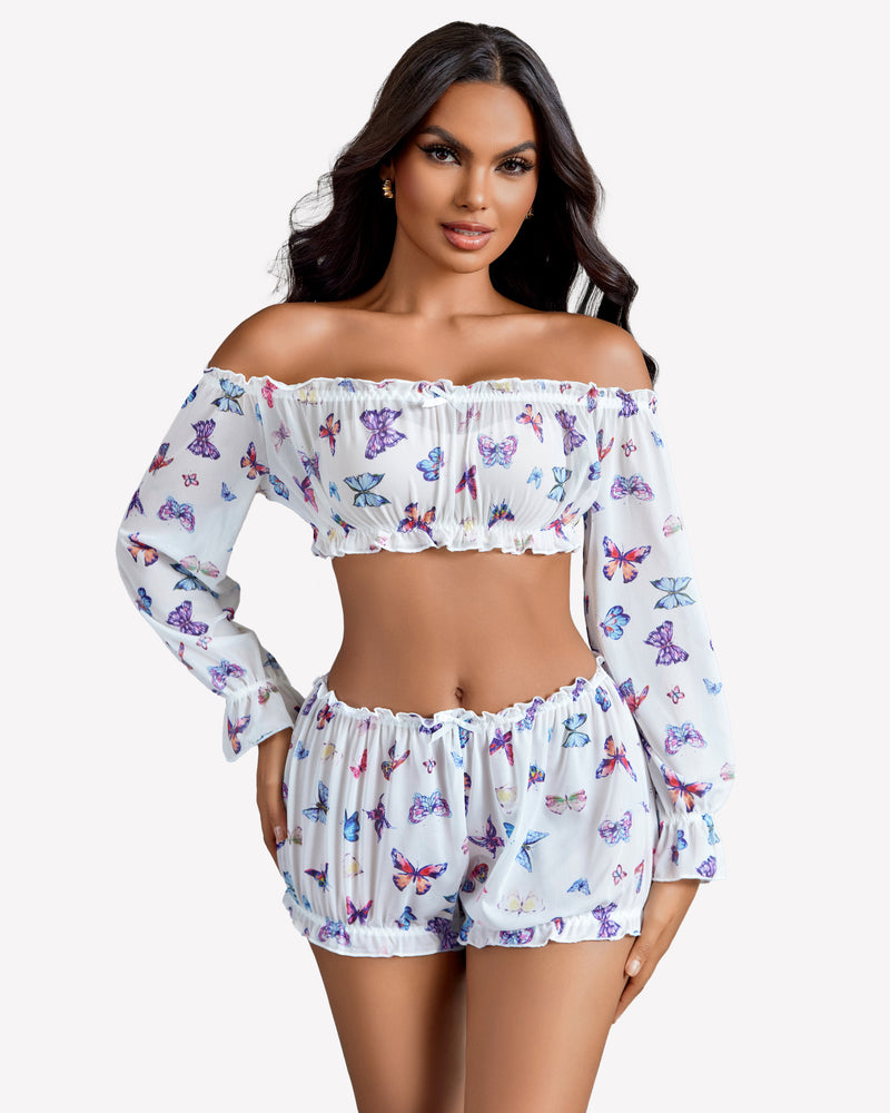 White butterfly print off-shoulder ruffle bra and panty set with long sleeves and ruffle trim