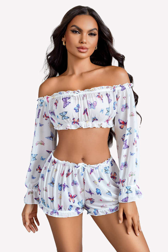 White butterfly print off-shoulder ruffle bra and panty set, perfect for a confident and sexy style.