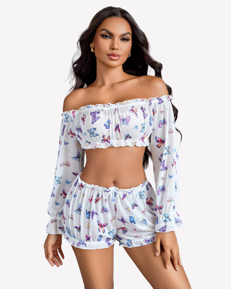 White butterfly print off-shoulder ruffle bra and panty set, perfect for a confident and sexy style.