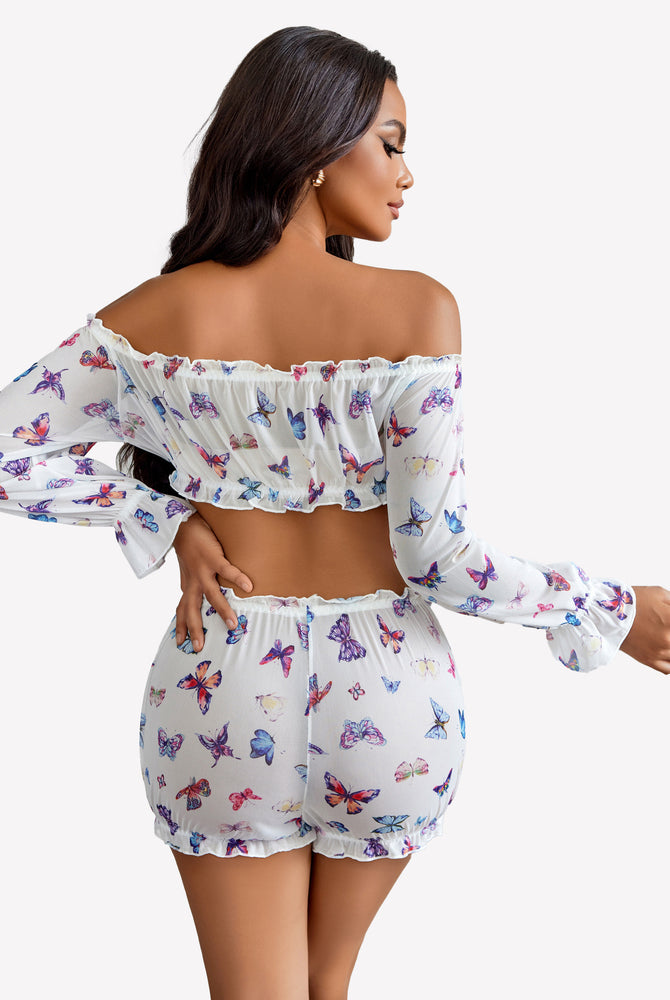 White butterfly print off-shoulder ruffle bra and panty set, long sleeves and ruffle trim