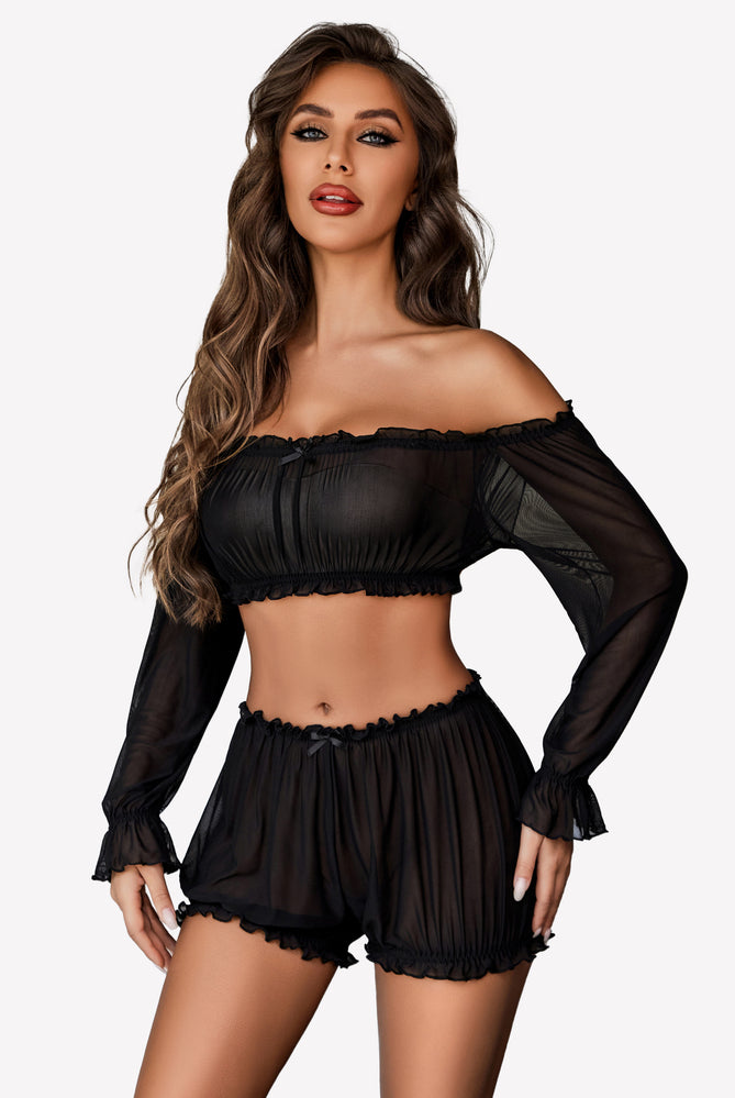 Black off-shoulder ruffle bra and panty set with long sleeves and ruffle trim
