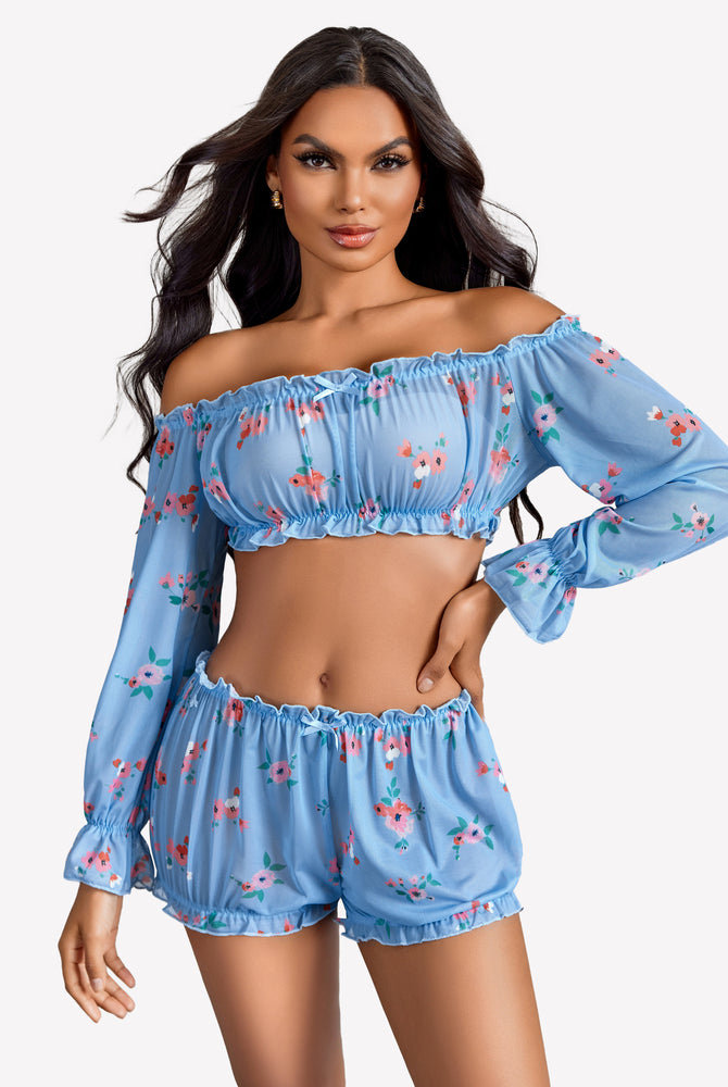 Light blue floral off-shoulder ruffle bra and panty set with long sleeves and ruffle trim