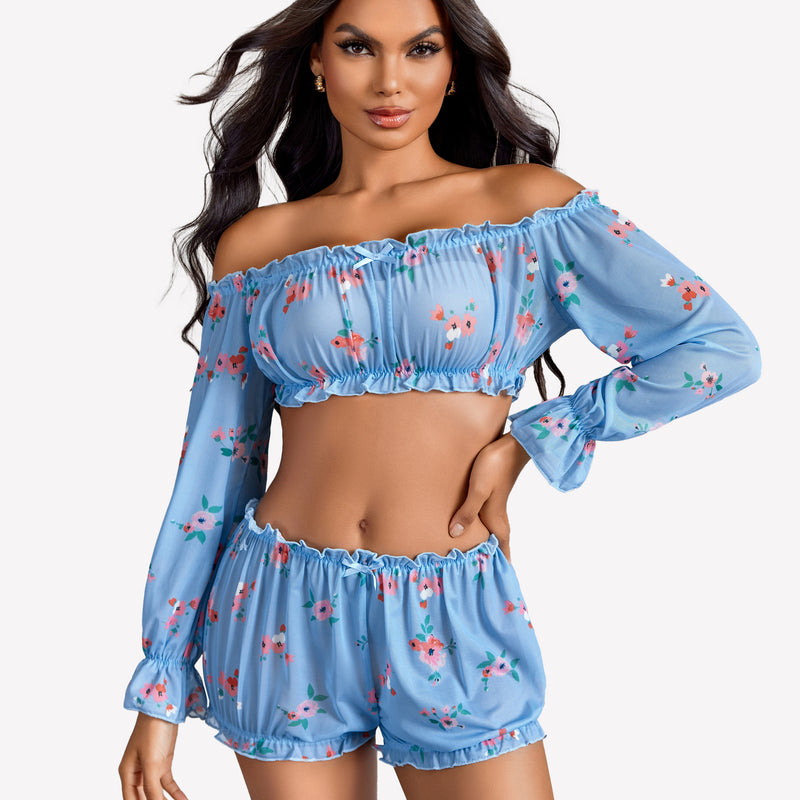 Light blue floral off-shoulder ruffle bra and panty set with long sleeves and ruffle trim