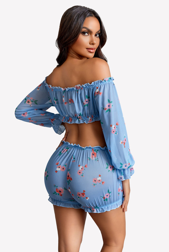 Floral off-shoulder ruffle bra and panty set in blue. Sexy lingerie with long sleeves.