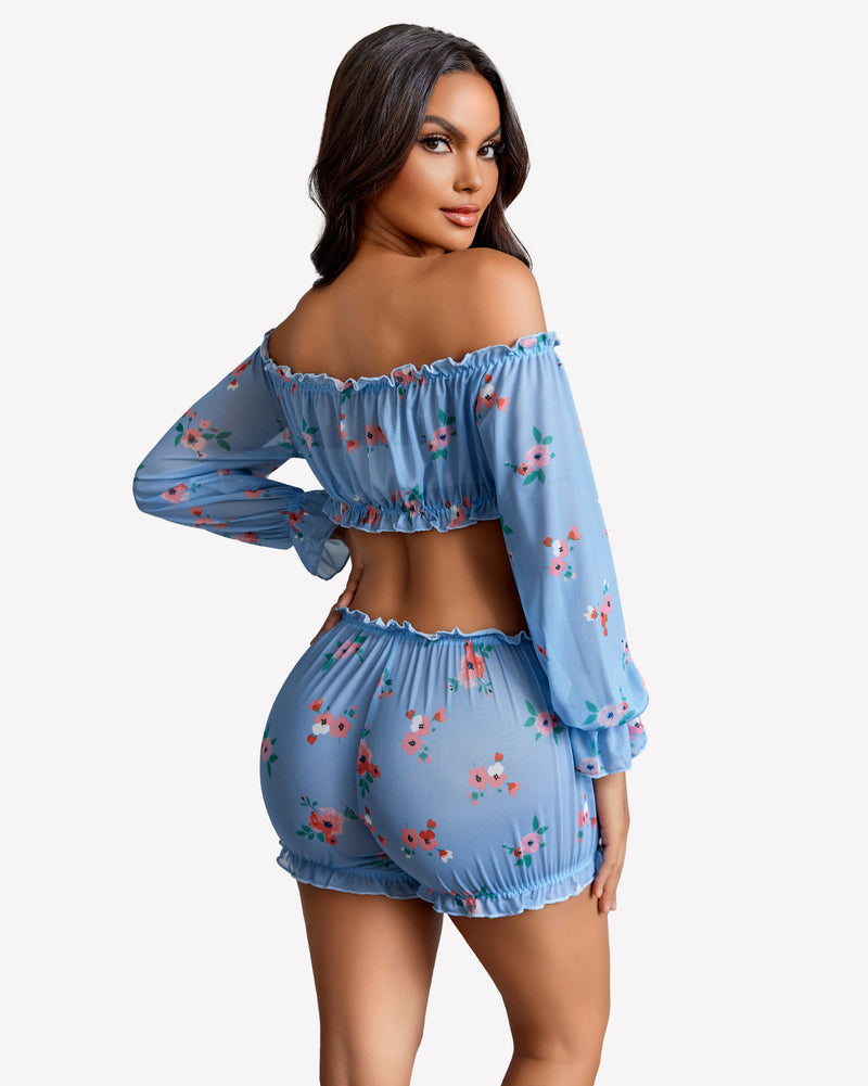 Floral off-shoulder ruffle bra and panty set in blue. Sexy lingerie with long sleeves.