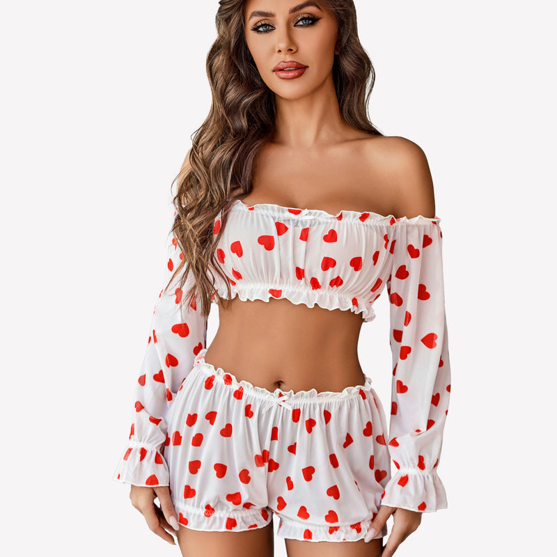 Heart-print off-shoulder lingerie set with ruffle trim and long sleeves, white and red.