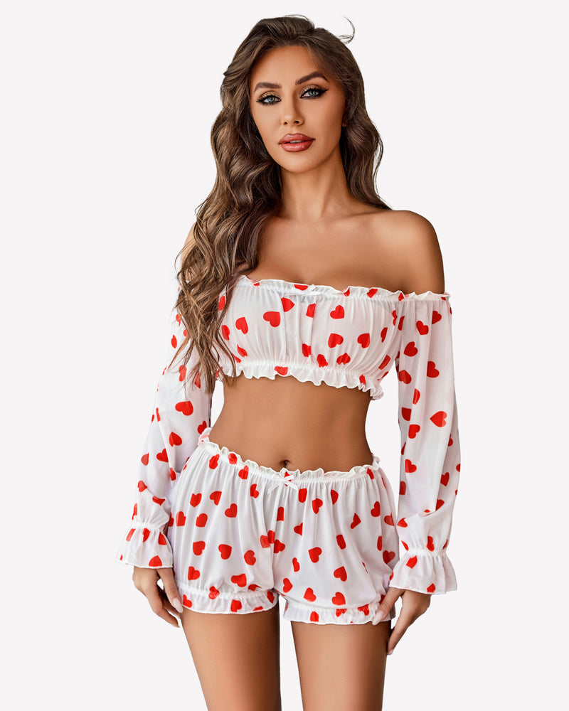 Heart-print off-shoulder lingerie set with ruffle trim and long sleeves, white and red.