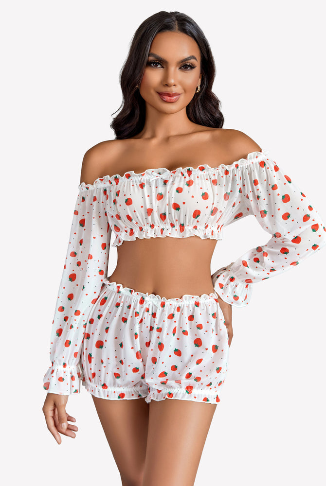 Strawberry print off-shoulder lingerie set with ruffle trim. White bra and panty set.