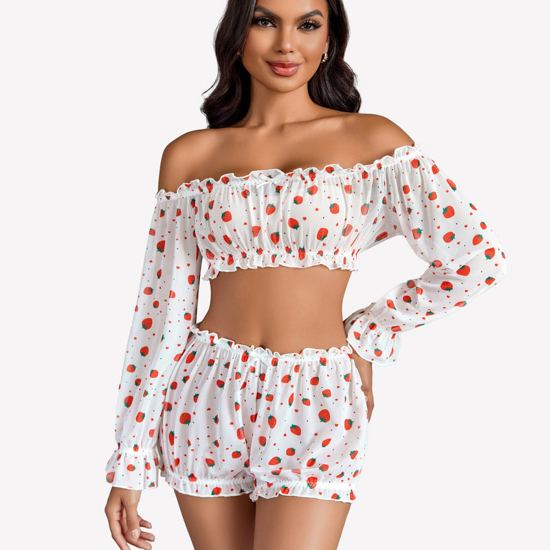 Strawberry print off-shoulder lingerie set with ruffle trim. White bra and panty set.