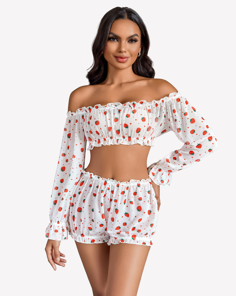 Strawberry print off-shoulder lingerie set with ruffle trim. White bra and panty set.