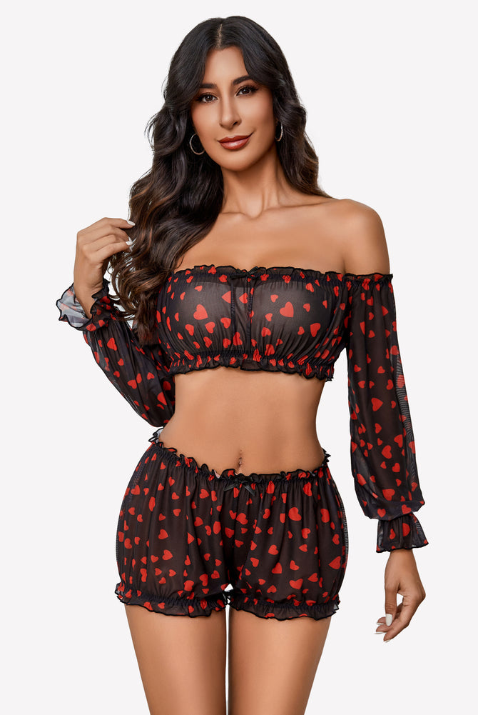 Black heart-print off-shoulder lingerie set with ruffle trim and long sleeves