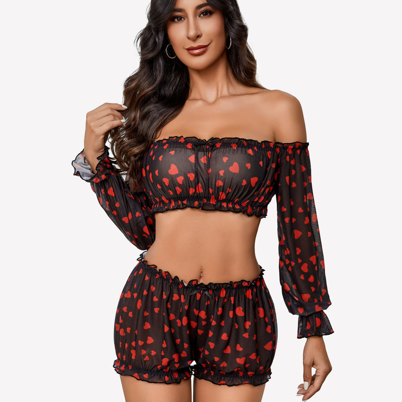 Black heart-print off-shoulder lingerie set with ruffle trim and long sleeves