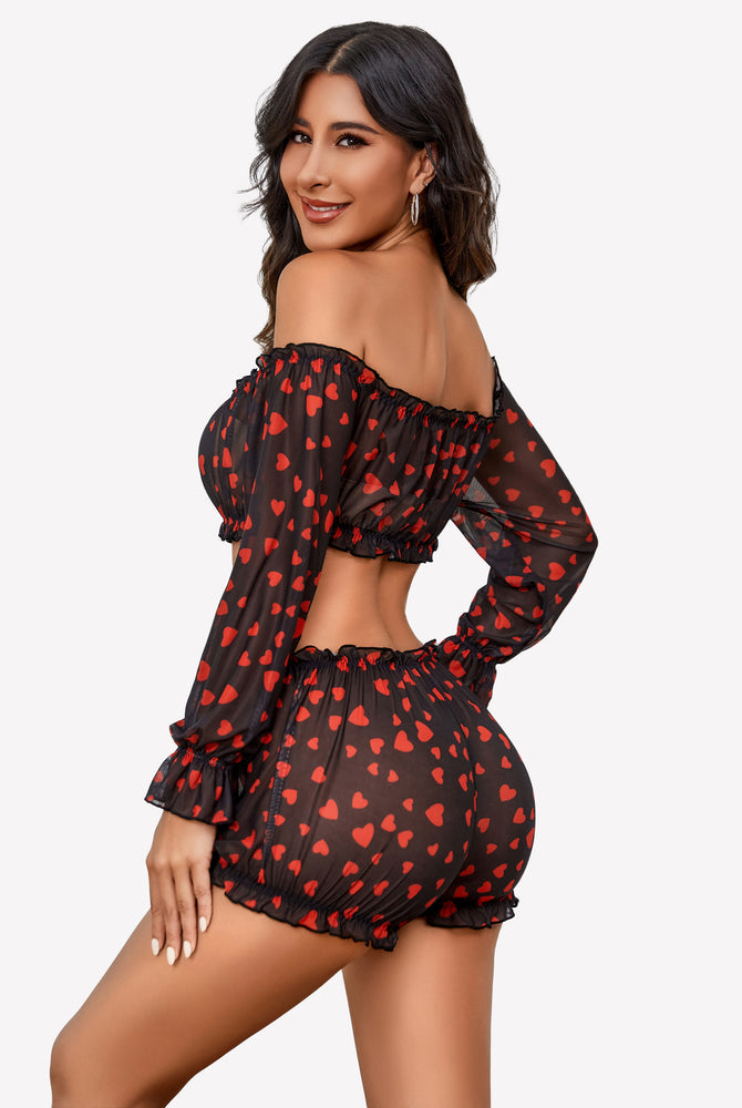 Black heart-print off-shoulder lingerie set with long sleeves and ruffle trim