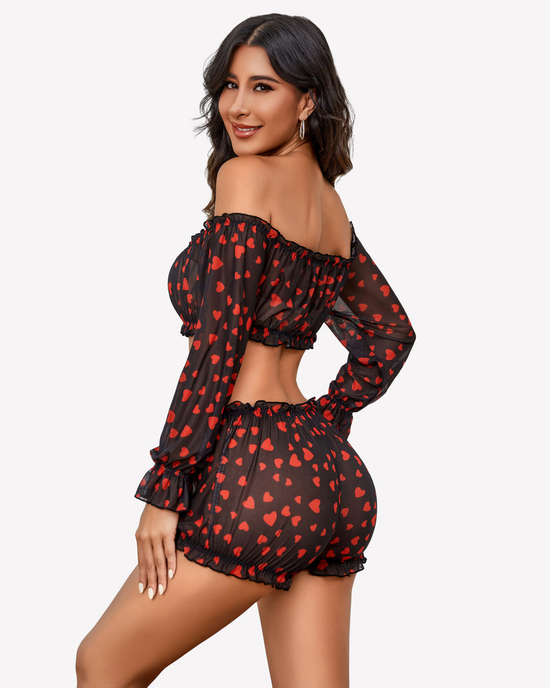Black heart-print off-shoulder lingerie set with long sleeves and ruffle trim