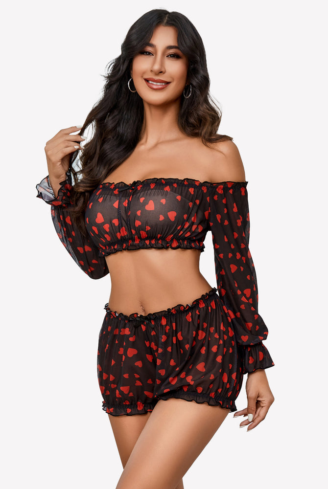 Black heart-print off-shoulder ruffle lingerie set. Sexy and confident style.
