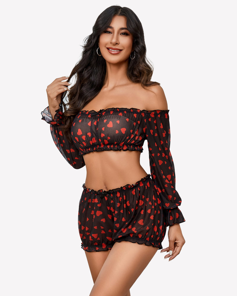 Black heart-print off-shoulder ruffle lingerie set. Sexy and confident style.