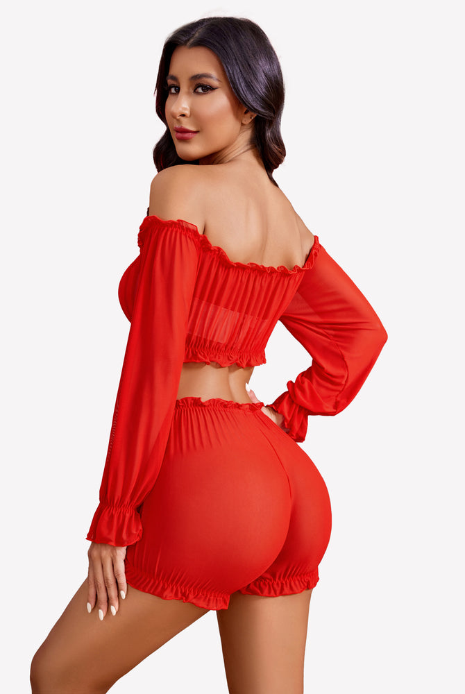 Red off-shoulder ruffle bra and panty set with long sleeves and ruffle trim