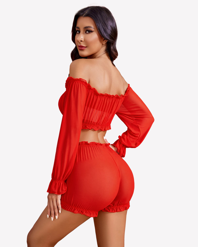 Red off-shoulder ruffle bra and panty set with long sleeves and ruffle trim