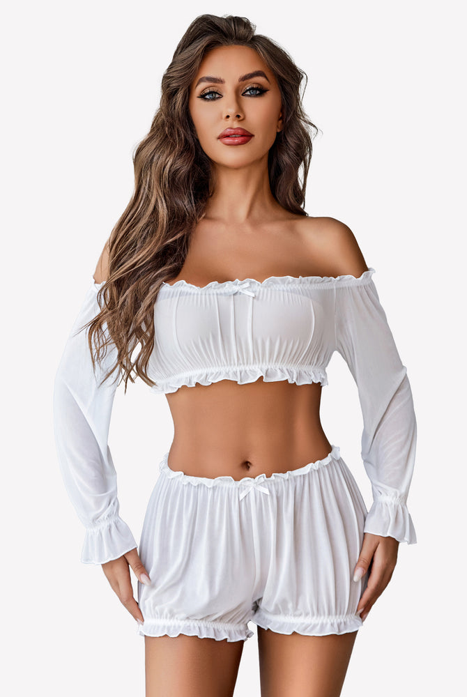 White off-shoulder ruffle lingerie set with long sleeves, bow detail, and ruffle trim
