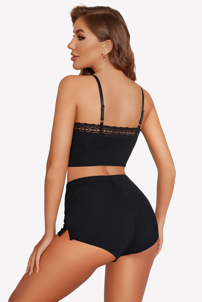 Black Pajama Set with Lace Trim - Silky, Soft, Comfortable, with adjustable straps and slit shorts.
