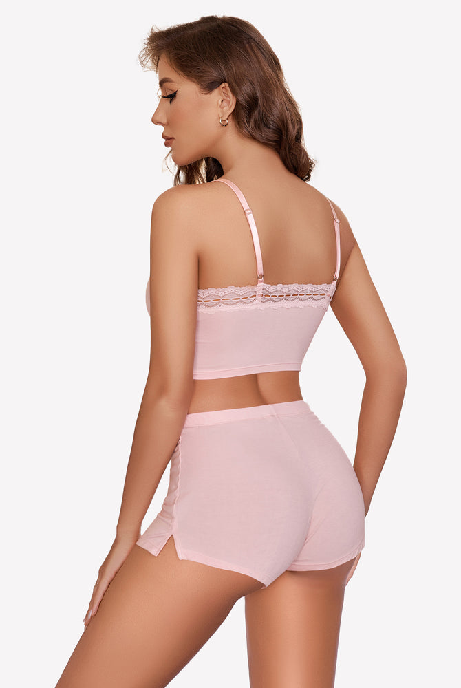 Pink Pajama Set with Lace Trim - Silky, Soft, and Comfortable short PJ set