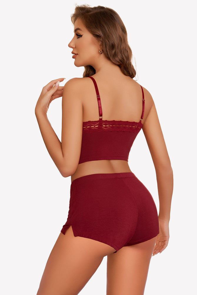 Burgundy lace trim pajama set: camisole with adjustable straps and shorts.