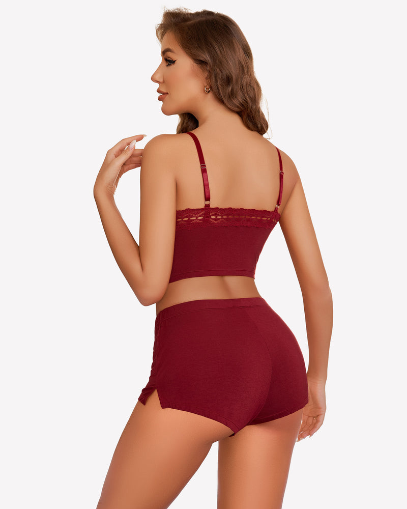 Burgundy lace trim pajama set: camisole with adjustable straps and shorts.