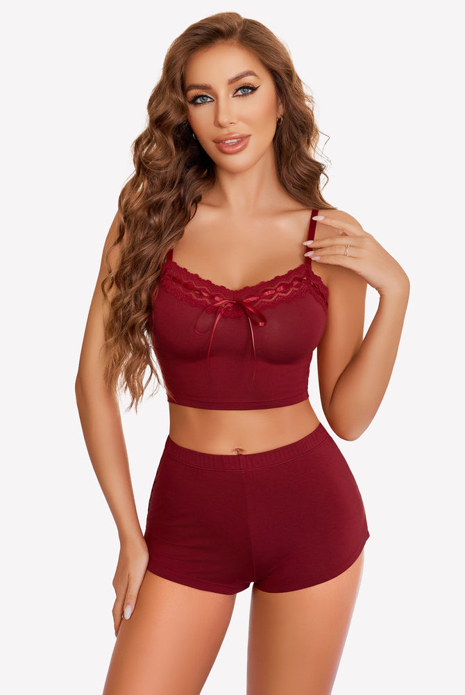 Burgundy lace trim short pajama set. Silky soft and comfortable sleepwear for women.