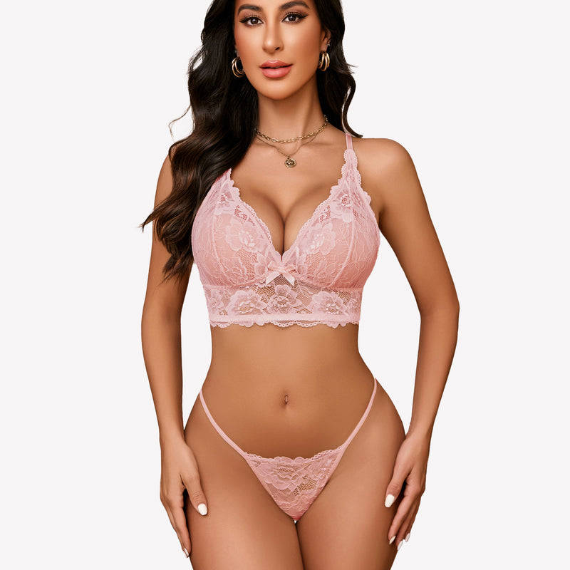 Pink lace bralette and panty set. Floral lingerie with adjustable straps. Sexy lingerie for women.